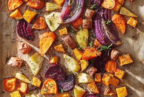 These colorful roasted root vegetables are made in one sheet pan. Whip up this recipe to use in easy, healthy dinners all week long. Roasted Root Vegetables, Lunch Appetizers, Raw Vegetables, Dinner Plan, Healthy Eating For Kids, Salad Side Dishes, Healthy Dinners, Root Vegetables, Easy Healthy Dinners