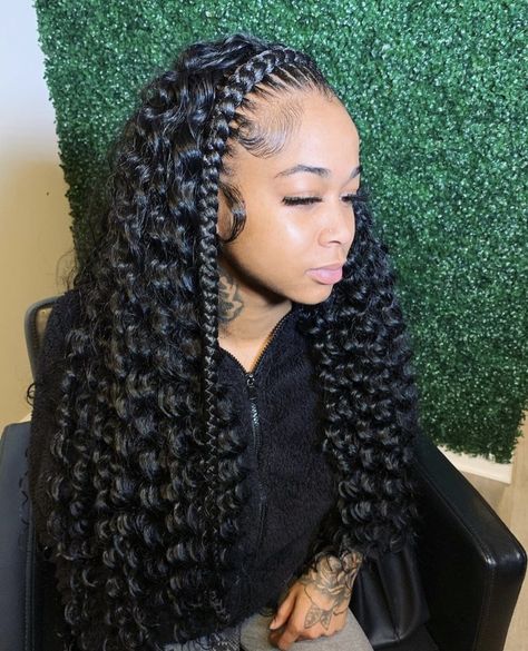 Half Feed In Half Crochet, Braided Front Sew In Back, Braided Front Curly Back, Front Braids With Curly Hair, Birthday Briads, Half Up Half Down Crochet, Water Wave Lace Front Wig, Weave Braids, Curly Hairstyle Ideas