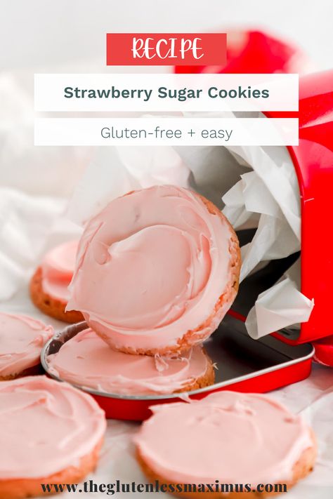 Easy gluten-free strawberry sugar cookies. These cookies are perfect for Valentine's Day! Gluten Free Strawberry Cookies, Gluten Free Sugar Cookies Cut Out, Gluten Free Sugar Cookie Recipe Cut Out, Gluten Free Pink Cookies, Strawberry Vegan Cookies, Strawberry Gluten Free, Strawberry Sugar Cookies, Gluten Free Sugar Cookies, Dairy Free Cookies