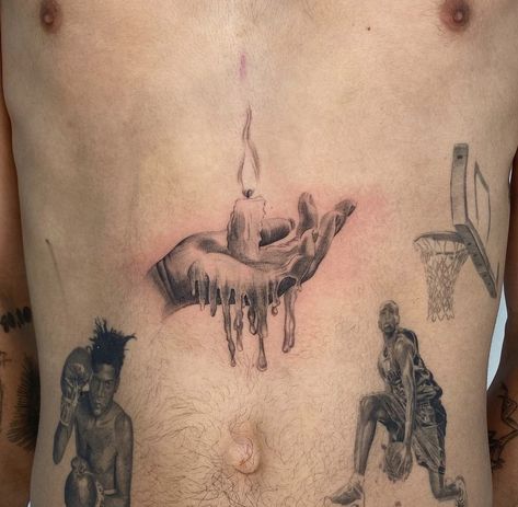 Men’s Collar Bone Tattoo Ideas, Candle Hand Tattoo, Modern Tattoo Men, Side Burn Tattoos, Sinister Tattoos, Burn Tattoo, Trippy Tattoo Ideas, New Tattoo Styles, Collar Bone Tattoo For Men