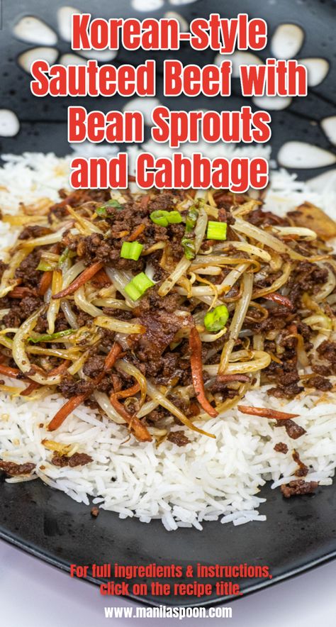 Beef With Bean Sprouts, Korean Beef Stew, Korean Cabbage, Napa Cabbage Recipes, Bean Sprout Recipes, Korean Ground Beef, Ground Beef And Cabbage, Sauteed Cabbage, Cabbage Stir Fry