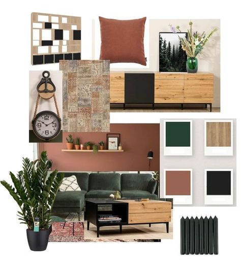 Black White Green Terracotta Living Room, Terra Cotta Wall Color Bedroom, Terracotta Gray And Green, Terra Cotta Office Decor, Terracotta Black Interior, Green Gray Rust Living Room, Terra Cotta Walls Living Rooms, Terracotta And Forest Green, Green And Rust Office