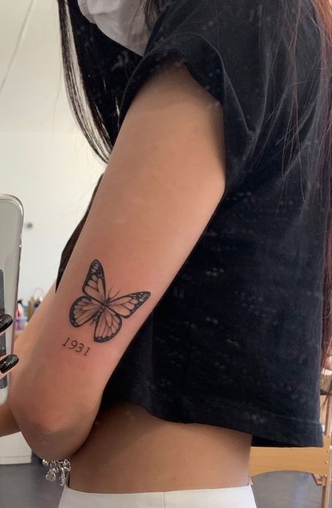 Butterfly With Year Tattoos, Butterfly Tattoo For Mom, Butterfly Arm Tattoos For Women, Butterfly Tattoo On Arm, Mariposas Tattoo, Butterfly Tattoos On Arm, Unique Butterfly Tattoos, Butterfly Wrist Tattoo, Tato Minimal