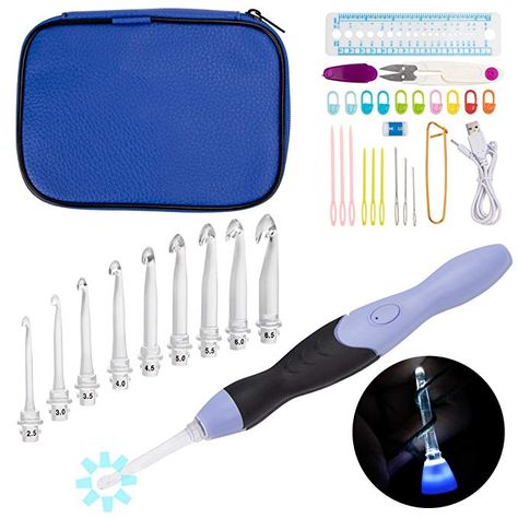 BCMRUN Lighted Crochet Hooks Complete Set Rechargeable, 9 PCS LED Crochet Hook Set,Crochet Hooks with lights for Arthritic Hands Size 2.5mm To 6.5mm (E,G,7,H,I,J,K) with Case Blue Light Up Crochet Hooks, Crochet Hook Handles, Arthritic Hands, Crochet Supplies, Crochet Hook Set, Knitting Gauge, Knitting Tools, Crochet Things, Crochet Needles