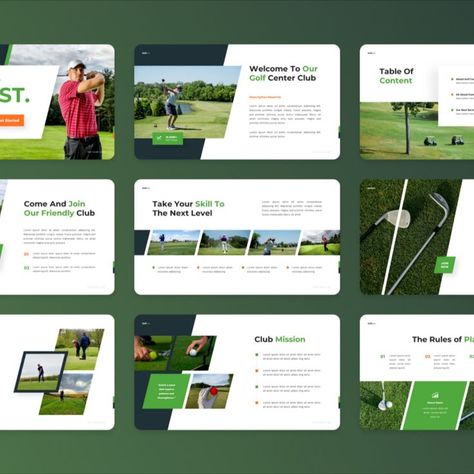 Golfest - Golf Club Google Slides Template Illustration Clothes, Impact Report, Posters Inspiration, Website Structure, Slides Google, Slides Template, Graphic Design Tutorials, Keynote Template, Design Layout