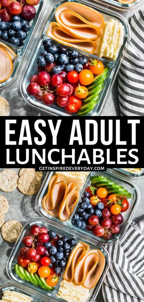 Just a few minutes of prep work to have healthy Adult Lunchables ready to go! You'll find all my tips for how to keep ingredients around so you're always just minutes away from having a healthy lunch for everything from work to weekend fun. These are our favorite 'adult' Lunchables, but these are also very popular with kids as well. These are all naturally gluten-free and there are some dairy-free options too. Healthy Adult Lunchables, Lunchbox Ideas For Adults, Healthy Lunchables, Sandwiches And Wraps, Adult Lunchables, Snack Boxes Healthy, Healthy Packed Lunches, Healthy Lunches For Work, Gluten Free Lunch