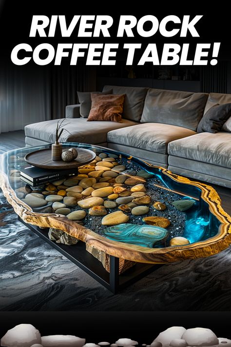 Upgrade your living room with the timeless charm of river rock coffee tables! 🌿✨ Explore the beauty of natural materials in home decor. #RiverRock #CoffeeTables #HomeDecor #InteriorDesign Resin River Coffee Table, Unique Coffee Table Ideas, Epoxy Countertops, Diy Resin Table, Resin Tables, Epoxy Coffee Table, Wood Resin Table, Epoxy Table Top, Wood Table Design