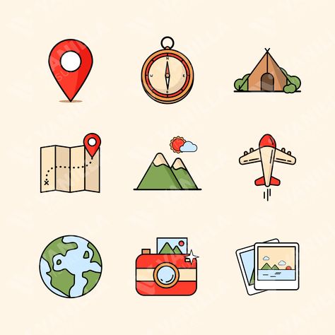 The image shows a set of travel-related icons on a white background. The icons include a map, a compass, a camera, a plane, a tent, and mountains. The icons are all colorful and well-designed, and they have a modern and playful look. The image is perfect for use in a variety of contexts, such as travel websites, travel blogs, social media posts, and marketing materials. It can also be used to create fun and creative products, such as travel journals, stickers, and t-shirts. Plane Sticker, Journals Stickers, Plane Icon, Airplane Icon, Camping Icons, Compass Icon, Sticker App, Map Sticker, Agency Branding