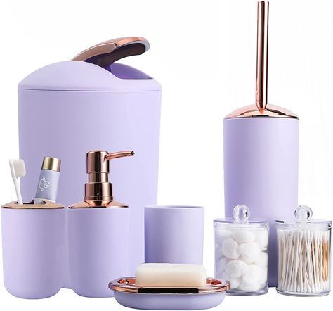 8 Pieces Purple Bathroom Accessories Set - Trash Can with Swing Lid,Soap Dispenser,Self Draining Soap Dish,Toilet Brush with Holder,Toothbrush Holder,Mouthwash Cup,Qtip Holder Dispensers White Bathroom Accessories Set, Purple Bathroom Accessories, Kids Bath Accessories, Farmhouse Bathroom Accessories, Purple Bathroom, Draining Soap Dish, Gray Bathroom Accessories, White Bathroom Accessories, Purple Bathrooms