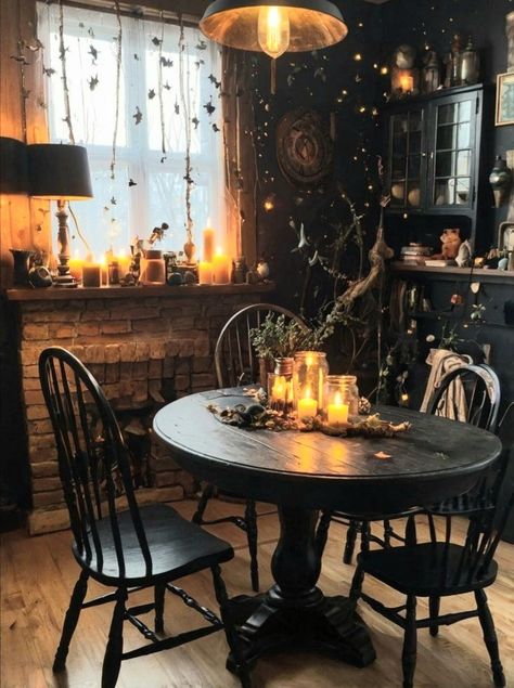 Witchy Farmhouse Kitchen, Witch Cottage Interior Living Room, Witchy Cottagecore Aesthetic Kitchen, Dark Cottagecore Apartment, Witchy Studio Apartment, Practical Magic Decor Inspiration, Witchy House Interiors, Witchy Dining Room, Witchy Interior Design