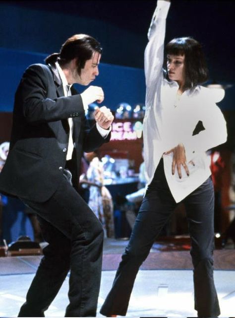 John Travolta and Uma Thurman in Pulp Fiction. "There is a bit of insanity in dancing that does everybody a great deal of good." ~ Edwin Denby Uma Thurman Pulp Fiction, Movie Duos, Film Trailer, Wes Anderson Films, Film Icon, Last Minute Costumes, I Love Cinema, Movie Shots, Uma Thurman