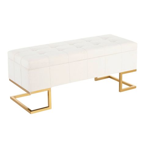 The Midas Storage Bench by LumiSource provides convenient storage along with a stylish look. Perfect for extra seating, an entryway, or at the foot of a bed, the Midas Storage bench features a geometric gold metal frame, and sleek button-tufted velvet upholstery. Open the flip-top lid to find a roomy storage area where you can conveniently hide magazines, remote controls, and anything else you want to keep out of sight. Contemporary Glam, White Velvet, Velvet Upholstery, Storage Bench, Entryway, Bench, Velvet, Bed, Gold