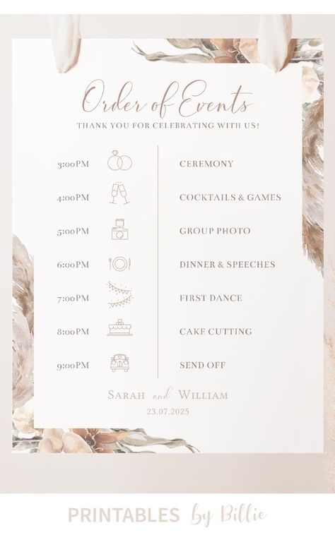 Order Of Events sign available on PRINTABLESbyBillie for your wedding, engagement party or bridal shower. Try the free demo link listed in the item description, and change or add additional icons before printing. You can change text, colours and add photos of your own to the Order Of The Day template. Visit my Etsy shop for matching items such as wedding invites, programs, place cards and other wedding decor. Bridal Shower Program Outline, Bridal Shower Program Templates, Engagement Party Schedule, Order Of Events Wedding Program, Engagement Party Program, Bridal Shower Program Ideas, Bridal Shower Program, Bohemian Bridal Shower Decorations, Order Of Events Sign