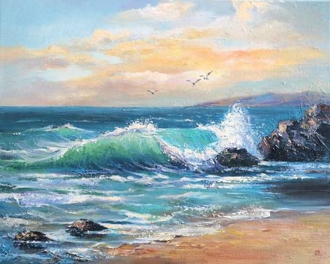 Ocean Landscape Painting, Surf Painting, Sunset Seascape, Sunset Waves, Abstract Realism, Painting Sunset, Rise Art, Painting Ocean, Sky Artwork