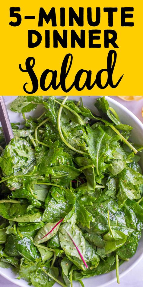 This easy and delicious 5 minute dinner salad is made with a box of spring mix and just a few pantry staples! It will make you excited to eat salad and it goes great with pizza, pasta, soup, sandwiches and so much more! #dinnersalad #saladrecipe #5minutemeal #dinnersidedish Dressing For Spring Mix Salad, Spring Mix Recipes Not Salad, How To Make A Salad Simple, Recipes With Spring Mix Lettuce, Salad With Spring Mix Recipe, Pitch In Salad Ideas, Simple Spring Mix Salad, Light Side Salad, Swedish Pizza Salad