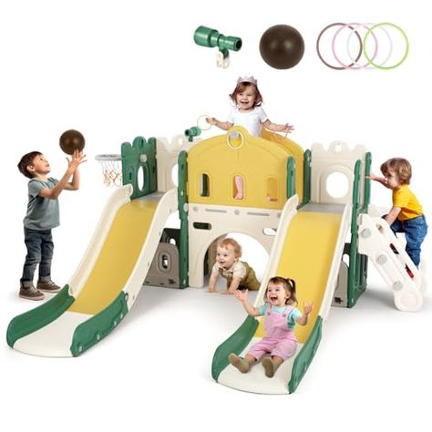 JOYLDIAS 9 in 1 Toddler Slide, Toddler Playground with Double Slides, Climber,Basketball Hoop,Tunnel, Telescope, Storage Space and Non-Slip Step, Indoor Outdoor Backyard Playset for Toddlers Age 1-3+ Kids Climber, Playground Climber, Toddler Playground, Toddler Climbers, Backyard Playset, Toddler Slide, Kids Play Set, Ring Toss, Outdoor Play Equipment