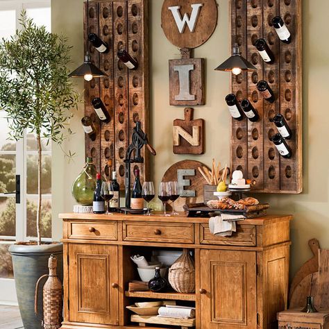 These rustic riddling racks are crafted from mango wood with a knotty finish and can hold up to 60 lbs of filled bottles, empty bottles as artful wall decor, or just use them as vertical succulent gardens. Riddling Rack, Bar In Casa, Wine Kitchen, Dining Room Remodel, Wooden Cabinet, Wine Wall, Diy Kitchen Decor, Wine Decor, Room Remodeling