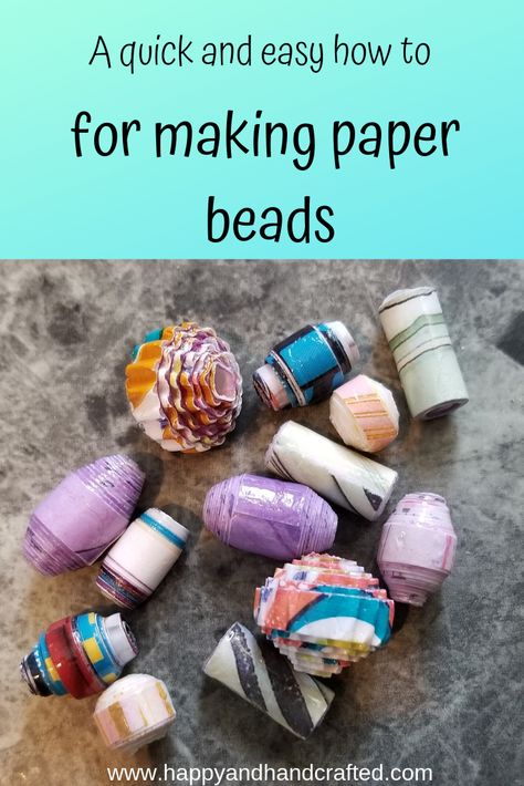 Making paper beads - Happy & Handcrafted How To Make Paper Beads, Paper Beads Diy Templates, Diy Beads Making, Diy Paper Beads How To Make, How To Make Paper Beads Tutorials, Homemade Beads, Paper Bead Roller Diy, Paper Beads Jewelry Making Tools, Making Paper Beads