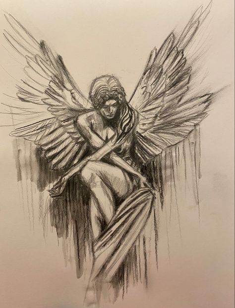 Angel Sketch Aesthetic, Art Inspo Drawing Sketches, Old Art Drawing, Angels Drawing Reference, Realistic Angel Drawing, Horizontal Sketches, Falling Angel Art, Female Angel Drawing, Angelic Drawings