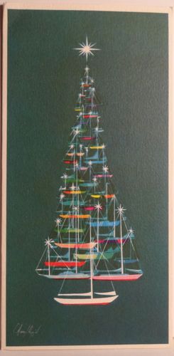 Coastal Christmas art - tree designed with sailboats - Clever!: 60s Mid Century Modern, A Vintage Christmas, Beachy Christmas, Nautical Christmas, Coastal Holiday, Vintage Christmas Card, Tropical Christmas, Unique Christmas Trees, Christmas Bedding