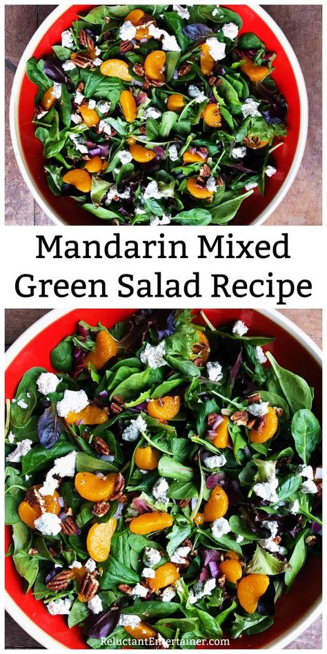 Mandarin Mixed Green Salad Recipe with citrus poppy seed dressing #greensalad #poppyseeddressing #mandarinorangegreensalad via @sandycoughlin Salad With Mandarin Oranges And Pecans, Green Salad Recipes Healthy, Easter Salad Recipes, Spicy Pecans, Mixed Green Salad, Tasty Salads, Mixed Baby, Greens Salad, Green Salad Recipes