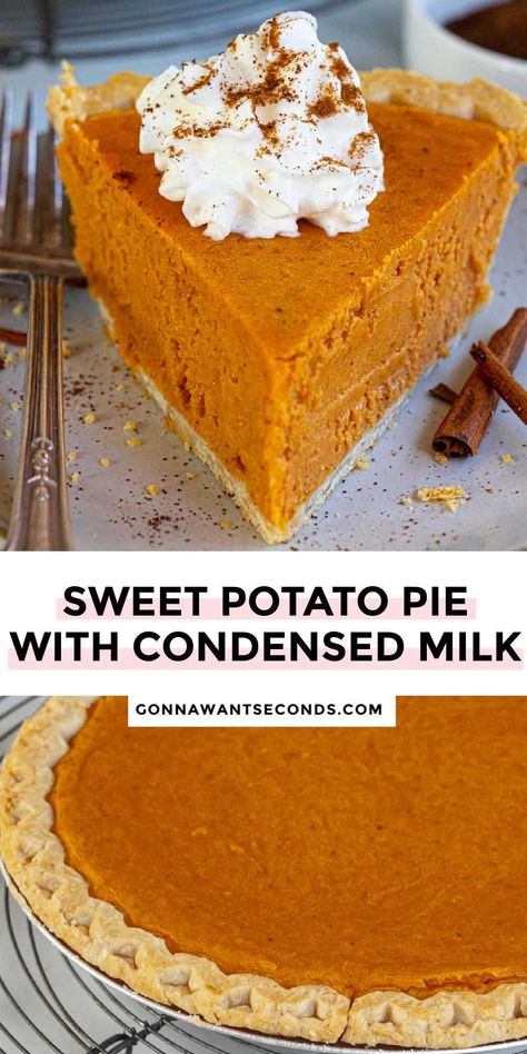 *NEW* This sweet potato pie with condensed milk is a delicious southern classic that’s a huge family favorite. It’s creamy, not overly sweet, and easy to make. #sweetpotatopie #pie Pie With Condensed Milk, Sweet Potato Pie Recipe Easy, Southern Sweet Potato Pie, Homemade Sweet Potato Pie, Sweet Potato Pie Southern, Potato Pie Recipe, Sweet Potato Pies Recipes, Condensed Milk Recipes, Easy Pie Recipes