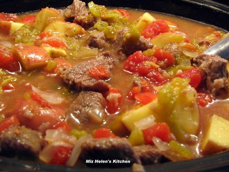 Slow Cooker Green Chili Stew at Miz Helen's Country Cottage Green Chili Beef Stew, Crock Pot Green Chili, Slow Cooker Green Chili, Stew And Rice, Green Chili Stew, Chili Stew, Green Chile Stew, Hatch Chiles, Green Chili Recipes