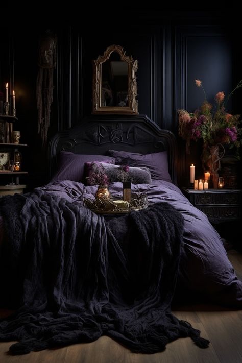 Dark Feminine Decor, Romantic Goth Room, Gothic Apartment, Goth Bedroom Ideas, Spooky Room, Feminine Interior, Wizard Tower, Victorian Style Furniture, Dark Cozy Bedroom