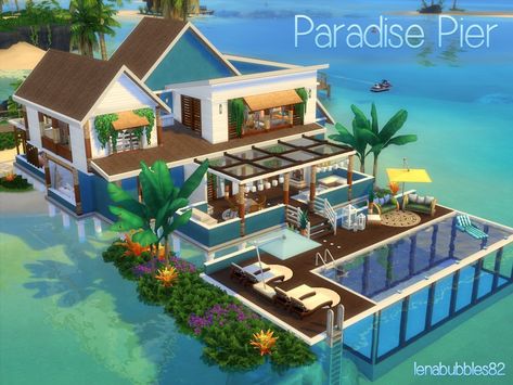 Paradise Pier in gallery ID LenaSimsHomes  ♥ Thesims4 Houses, Houses On Water, Sims 4 Beach House, Sims4 Houses, Beach House Layout, Sims 4 Houses Layout, Lotes The Sims 4, Sims 4 House, The Sims 4 Lots