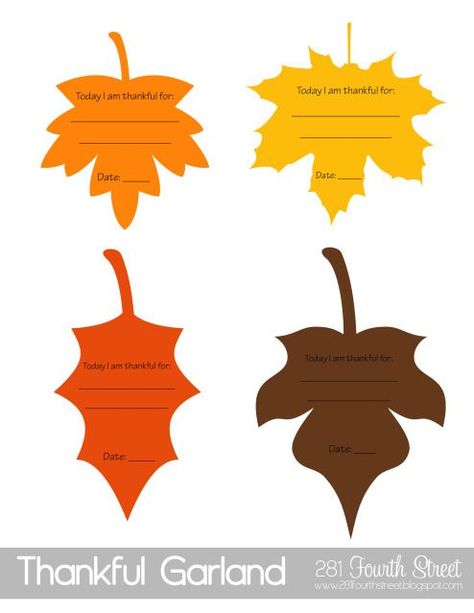 FREE Printable "Today I am Thankful for: _______" leaves from 281 Fourth Street.  Also includes date so you can fill one out each day.  Can use to create a Thankful Banner or Gratitude Tree to hang leaves somewhere visible in the home. Thankful Garland, Thankful Tree Printable, Leaf Printables, Leaves Template, Today I Am Thankful, Gratitude Tree, Thanksgiving Tree, Thankful Tree, Fall Lessons