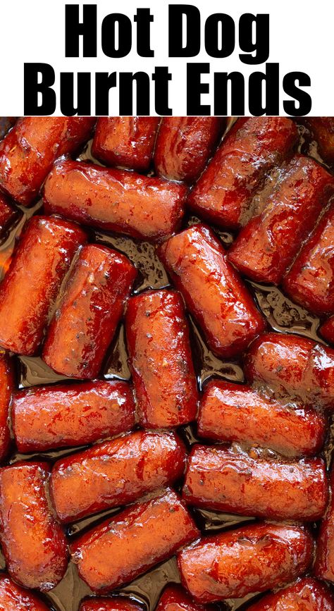 Sliced hot dogs covered in a thick sauce. Text at the top reads "Hot Dog Burnt Ends". Best Pimento Cheese Recipe, Smoked Hot Dogs, Summer Bbq Appetizers, Fried Oysters Recipe, Hot Dog Burnt Ends, Best Pimento Cheese, Taco Bell Quesadilla, Southern Appetizers, Homemade Pimento Cheese