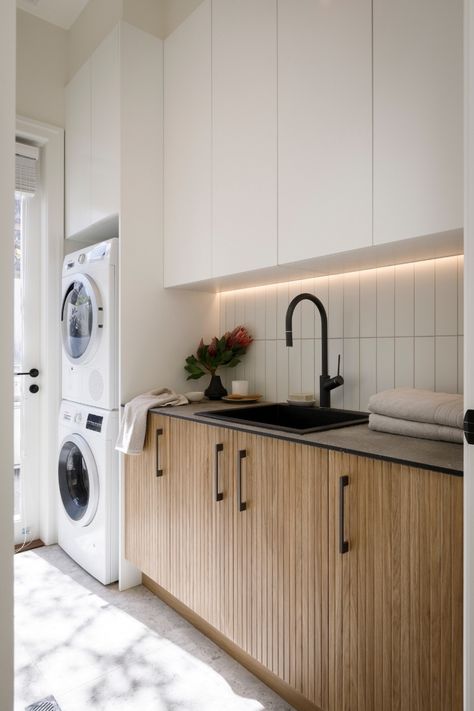 Laundries with Luxe Showcased on The Block! | Kinsman Kitchens Scandinavian Laundry Room, Laundry Reno, Laundry Renovation, Backsplash White, Black Fixtures, Hidden Laundry, Compact Laundry, Laundry Ideas, Laundry Cabinets