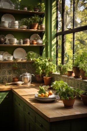 Eclectic Cottagecore Decor, Bohemian Green Kitchen, Boho Cabinet Colors, Eclectic Kitchen Green, Botanical Living Room Ideas, Kitchen Design Eclectic, Plant Themed Kitchen, Bright Open Kitchen, Botanical Kitchen Ideas