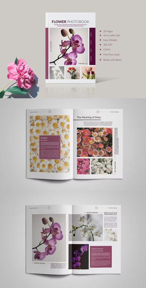 Flower Poster Design Graphics, Flower Catalog Design, Catalog Graphic Design, Florist Flyer, Brochure Cover Page, Indesign Ideas, Magazine Flowers, Photobook Template, Letter Portrait