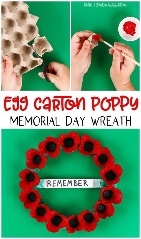 Make a egg carton poppy memorial day wreath for a kids craft! Also using a paper plate for the wreath. Kids memorial day poppy flower art project. Poppy Memorial Day, Paper Plate Poppy Craft, Memorial Day Poppy, Flower Art Project, Memorial Day Poppies, Poppy Craft For Kids, Remembrance Day Activities, Poppy Flower Art, Remembrance Day Art