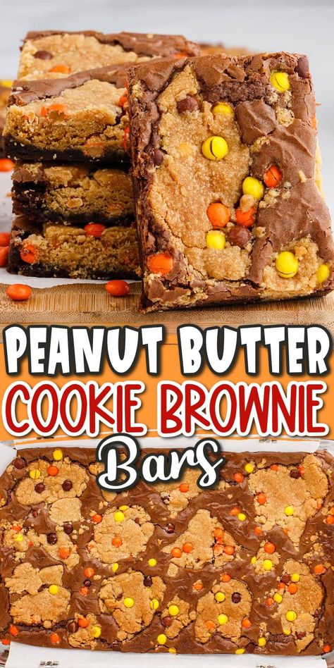 This Peanut Butter Brookies recipe takes only 5 minutes to prepare and is my favorite way to bake two sweet treats, peanut butter cookies and brownies, at the same time in one pan. Using a few simple shortcuts, it couldn’t be any easier to create the best bite of a chocolate brownie with a peanut butter cookie layer into a soft and sliceable square. Peanut Butter Cookie Brownies, Brownies With Peanut Butter Cookies, Tailgating Sweet Treats, Cookie Layered Brownie, Peanut Butter Brookies Easy, Peanut Butter Cookie Brownie Bars, Chocolate Peanut Butter Brookies, Peanut Butter Cup Brookies Recipe, Brookies Recipe Cookie Brownies