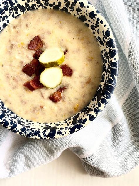 Soup season is here and this one is a dandy!Crockpot Dill Pickle Bacon Cheeseburger Soup is pretty much heaven in a bowl. I realize I may lose some fans over this new recipe.It is what it is.I've been home {trying to work} with a sick five year old by my side the past two days. It's amazing how quick I've gotten used to the home to myself during the day to get done whatever I want to get done. I'm also a bit sleep deprived {again, sick kid}, so if this new recipe sounds weird to you,… Burger In A Bowl, Dill Pickle Soup, Pickle Soup, Bacon Cheeseburger Soup, Cheeseburger Soup, Vegetable Fried Rice, Dill Pickles, Bacon Cheeseburger, Soup Season