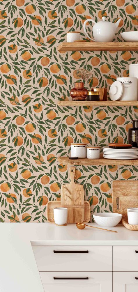 Harvest Wallpaper, Wallcovering Pattern, Orange Kitchen, Fruit Wallpaper, Green Planet, Orange Walls, Orange Wallpaper, Cleaning Walls, Wallpaper Removable