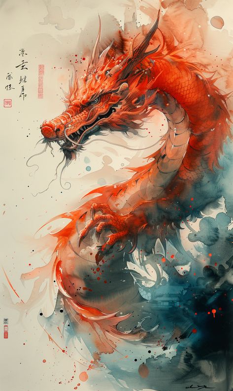 Long Spiraling Japanese Style Dragon Illustration Watercolor Dragon Drawing Watercolor, Dragon Watercolor Painting, Japan Dragon Art, Japanese Dragon Illustration, Japanese Water Dragon, Fantasy Dragon Illustration, Dragon Acrylic Painting, Fire Dragon Art, Japan Traditional Art