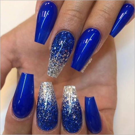 Royal Blue Prom Nails, Blue Nails Design, Casket Nails, Blue Prom Nails, Blue And Silver Nails, Royal Blue Nails, Blue Glitter Nails, Blue Acrylic Nails, Blue Nail Designs