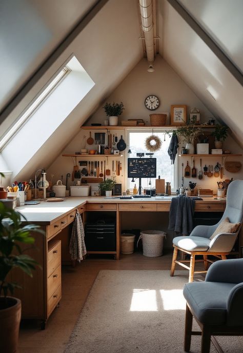 Small attic room ideas Small Attic Craft Room, Attic Workspace Office, Attic Office And Bedroom, Attic Renovation Office, Art Studio In Attic, Slanted Ceiling Art Studio, Small Attic Library, Slanted Attic Ideas, Attic Sitting Room Ideas