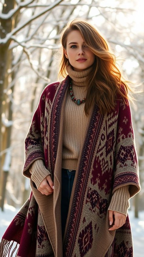 Embrace boho vibes this winter with our top 20 outfit ideas! Discover how to style a layered turtleneck with a flowy cardigan for a cozy yet chic look. Perfect for staying warm while making a statement, these outfits blend comfort and style seamlessly. Unleash your inner fashionista and transform your wardrobe with trendy combinations. Get inspired and elevate your winter fashion game today! Southwestern Womens Fashion, Cute Flowy Outfits, Cute Country Winter Outfits, Sporty Boho Outfits, Warm Boho Outfits, Anthropology Aesthetic Outfit, Boho Winter Outfits Bohemian, Indigenous Outfit, Boho Cardigan Outfit