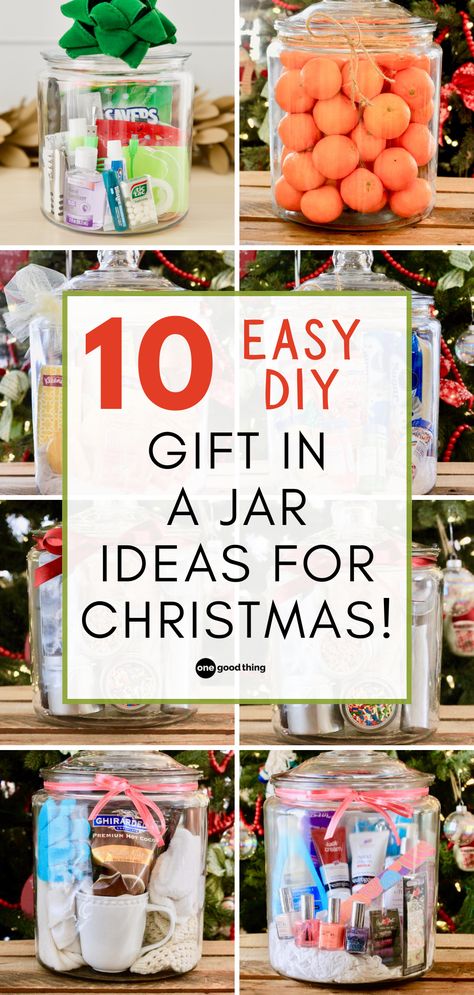 jar gifts with text overlay that reads 10 easy diy gift in a jar ideas for christmas Apothecary Jar Gift Ideas, Drink Mixes In A Jar Christmas Gifts, Mixes In Jars For Gifts, Mason Jar Baking Gifts, Candy In Jars Gift, Diy Savings Jar, Coffee Bar In A Jar Gift, Large Jar Gift Ideas, Cookie Jar Ideas Decoration Diy