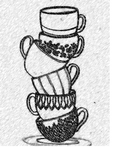 Stacked Cups Stack Of Cups Drawing, Tea Cups Stacked, Stacked Cups Drawing, Teacup Stack Tattoo, Cups Drawing, Mug Drawing, Alice In Wonderland Drawings, Urban Sketch, Book Illustration Art