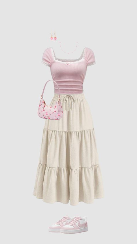 🎀🌷 Pink And White Girly Outfits, Skirt Pairing Ideas, White Skirt Pink Top Outfit, Shein Fashion Outfit, Skirt And Dress Outfits, Outfit Ideas Skirt Long, Cute Long Skirt Outfits, Feminine Pink Long Skirt, Coquette Outfit Long Skirt