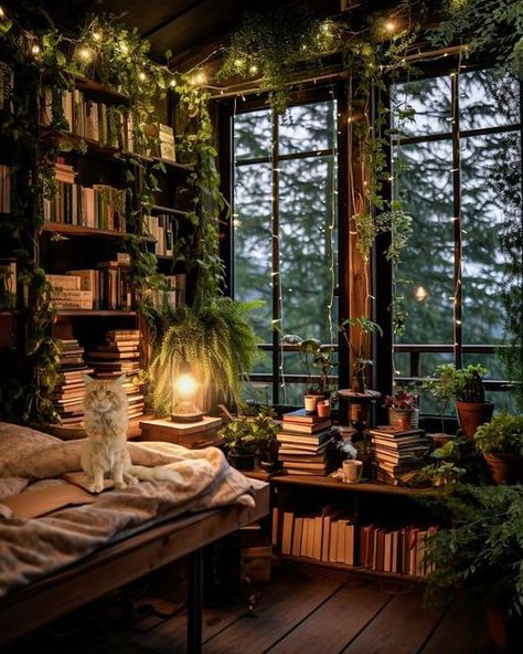 Academia Apartment, Dark Academia Kitchen, Dark Academia Interior, Living Spaces Inspired Home, Cozy Home Library, Window Nook, Library Bedroom, Day Room, Library Aesthetic