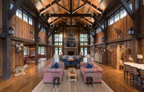 Bucksnort Lodge | PLATT Log And Timber Homes, Timber Truss, Log Cabin Interior, Timber Homes, Structural Insulated Panels, Dining Room Cozy, Open Concept Layout, Party Barn, Hunting Lodge