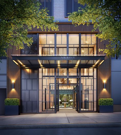 Sales Launch For Arbor Eighteen at 185 18th Street, in Greenwood Heights, Brooklyn - New York YIMBY Building Entrance Design, Hotel Canopy, Apartment Entrance, Hotel Facade, Architecture Blueprints, Canopy Architecture, Building Entrance, Modern Entrance, Porte Cochere