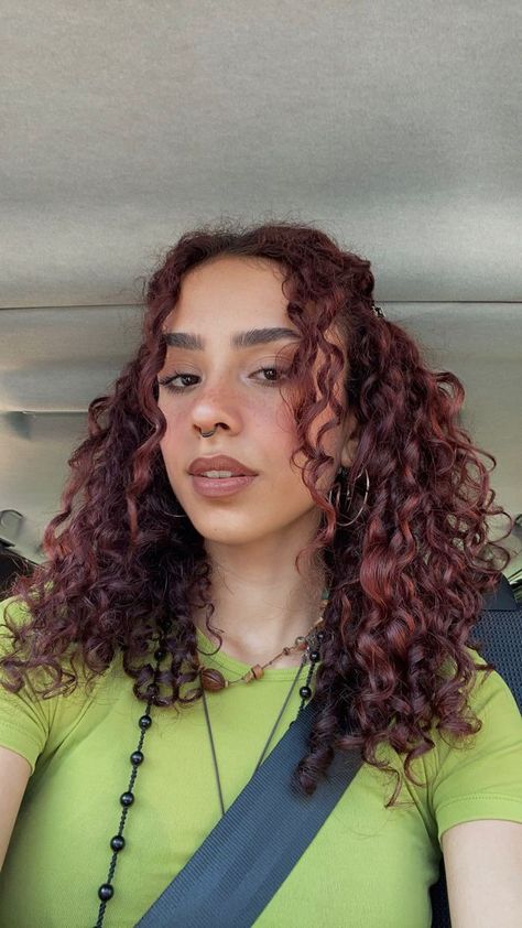 Flawless Cherry Red Hair Looks to Inspire You Brown Red Copper Hair Color Curly, Cherry Brunette Curly Hair, Curly Red Hair Highlights, Maroon Hair Curly, Short Curly Burgundy Hair, Curly Maroon Hair, Curly Brown Red Hair, Hair Color Ideas For Curly Hair Dyes, Wavy Red Hair Dyed