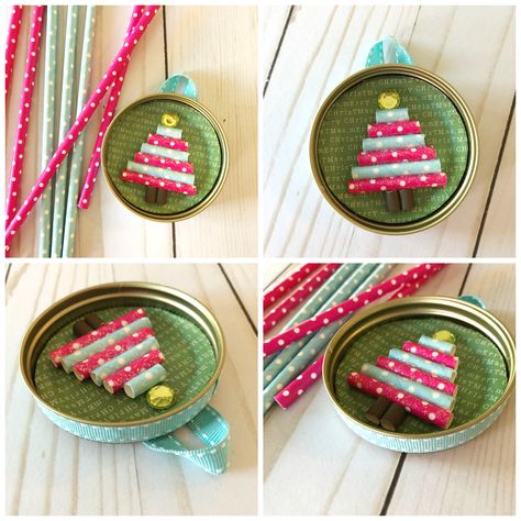 Christmas Ornament Recycled Materials, Recycled Ornaments For Kids, Mason Lid Crafts, Coffee Lid Crafts, Mason Jar Lid Ornaments Diy, Mod Podge Christmas Ornaments, Mason Jar Ring Crafts, Christmas Ornaments Preschool, Recycled Christmas Ornaments